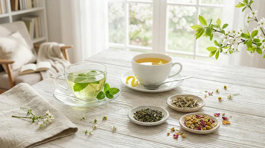 A serene photograph capturing two minimalist teacups and bowls of loose herbal blends on a bright wooden table near a window, conveying calm and reset during an airy spring afternoon.