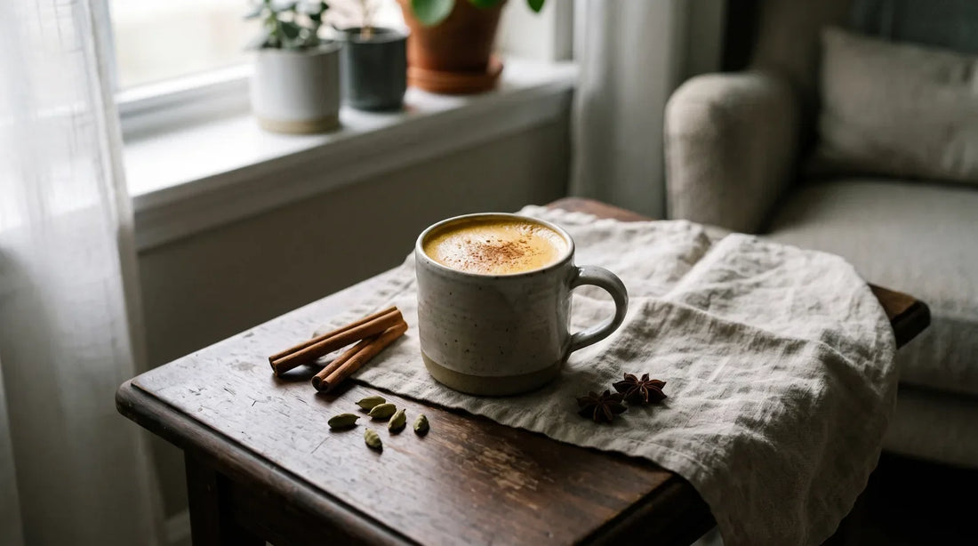 Homemade chai latte in a ceramic mug with cinnamon sticks, cardamom pods, and star anise on a walnut surface