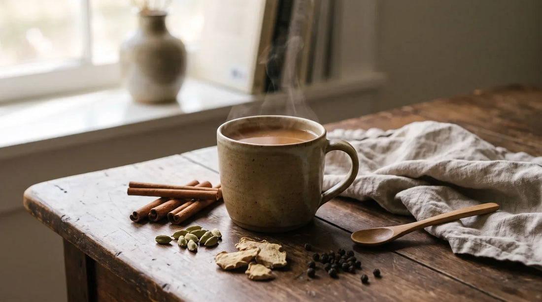 Ceramic mug of amber chai tea on a dark walnut surface surrounded by cinnamon sticks, cardamom pods, dried ginger slices, and black peppercorns