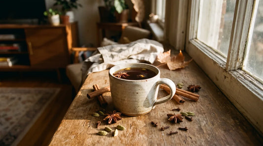 Ceramic mug of chai tea on an oak surface surrounded by cinnamon sticks, cardamom pods, star anise, and cloves for fall chai season