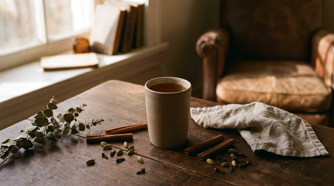 Matte ceramic travel mug of brewed chai tea on a walnut desk with cinnamon sticks, cardamom pods, and cloves in warm autumn light