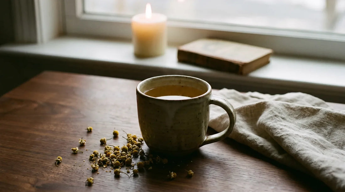 A ceramic mug of golden chamomile tea on a dark walnut surface with scattered dried chamomile blossoms and soft candlelight