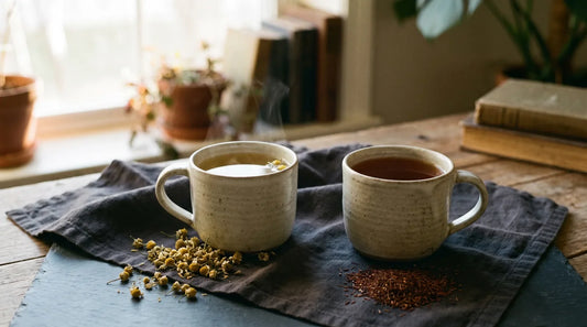 Two unbranded ceramic mugs side by side — pale golden chamomile and deep amber rooibos — on a dark linen cloth with dried chamomile flowers and loose rooibos needles on slate