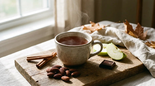 Ceramic mug of cinnamon tea on an oak board with cinnamon sticks, apple slices, roasted almonds, and dark chocolate — cinnamon tea pairing spread
