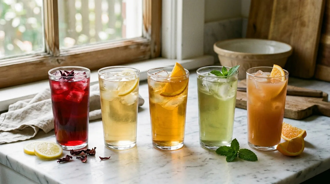 Five tall glasses of citrus iced tea in different colors arranged on a marble surface with lemon slices, orange wedges, and dried hibiscus