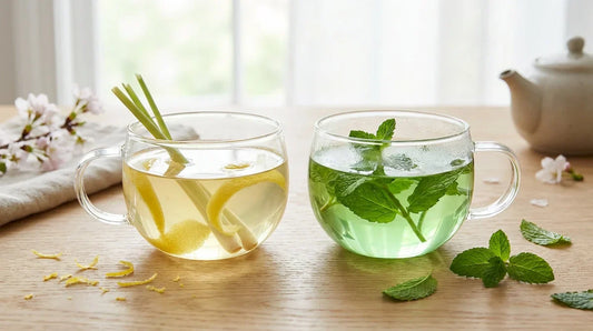A side-by-side comparison of pale yellow citrus herbal tea with lemon peel and light green mint herbal tea with fresh peppermint in clear glass cups.
