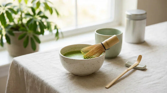 A clean matcha preparation setup on a linen cloth featuring a bowl of frothy matcha, a bamboo whisk, a scoop, and a pale green cup.