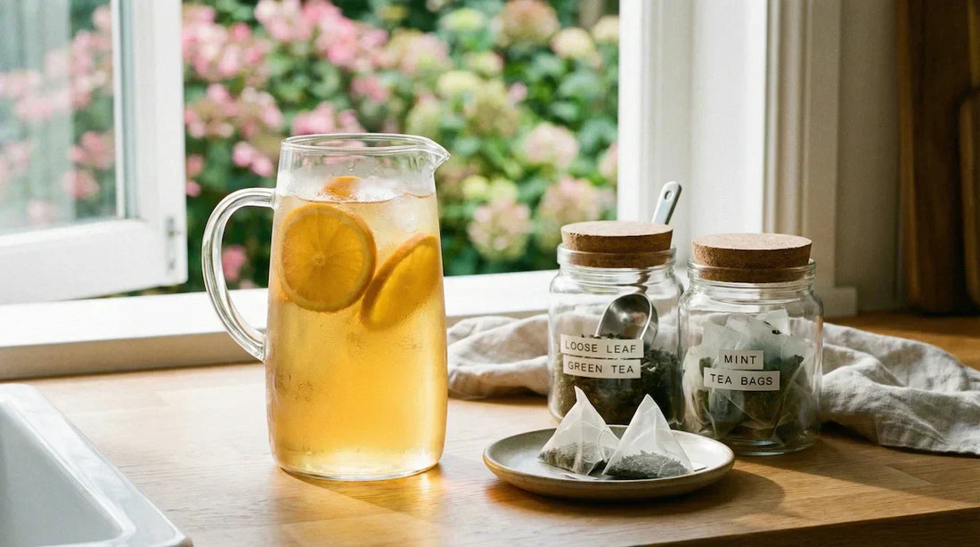A photo of a refreshing cold brew tea setup on a bright spring kitchen counter.