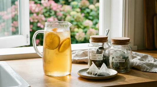 A photo of a refreshing cold brew tea setup on a bright spring kitchen counter.
