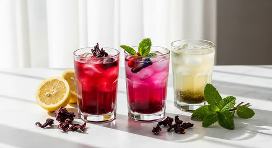 Three cold brew iced tea glasses in ruby hibiscus, berry purple, and mint green tones on a marble surface with hibiscus petals and mint sprigs