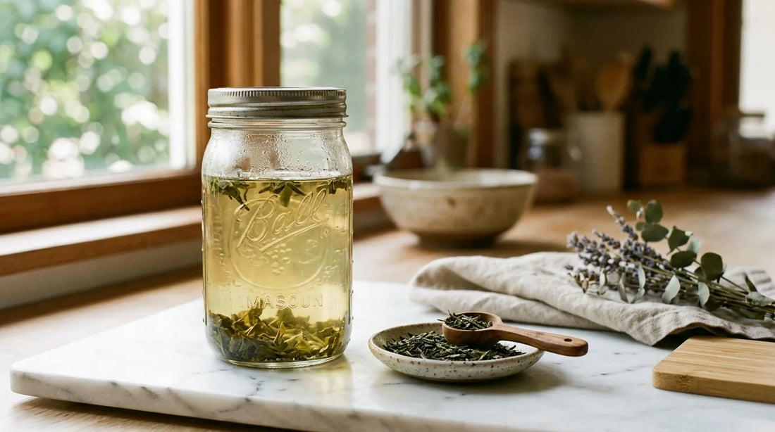Sealed glass mason jar of pale golden cold brew tea on a marble surface with loose green tea leaves and a wooden measuring spoon