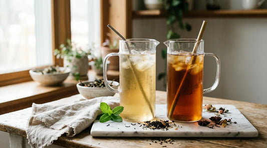 Two glass pitchers of iced tea on white marble — pale golden cold brew beside deep amber hot brew — with loose tea leaves and a mint sprig