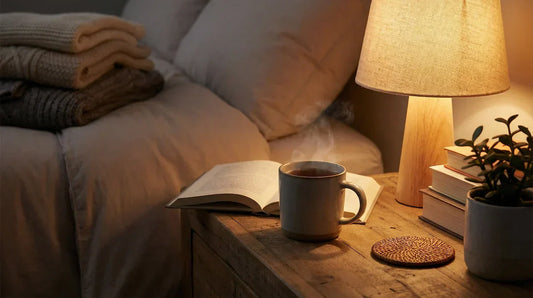 Night routine with herbal tea and book.