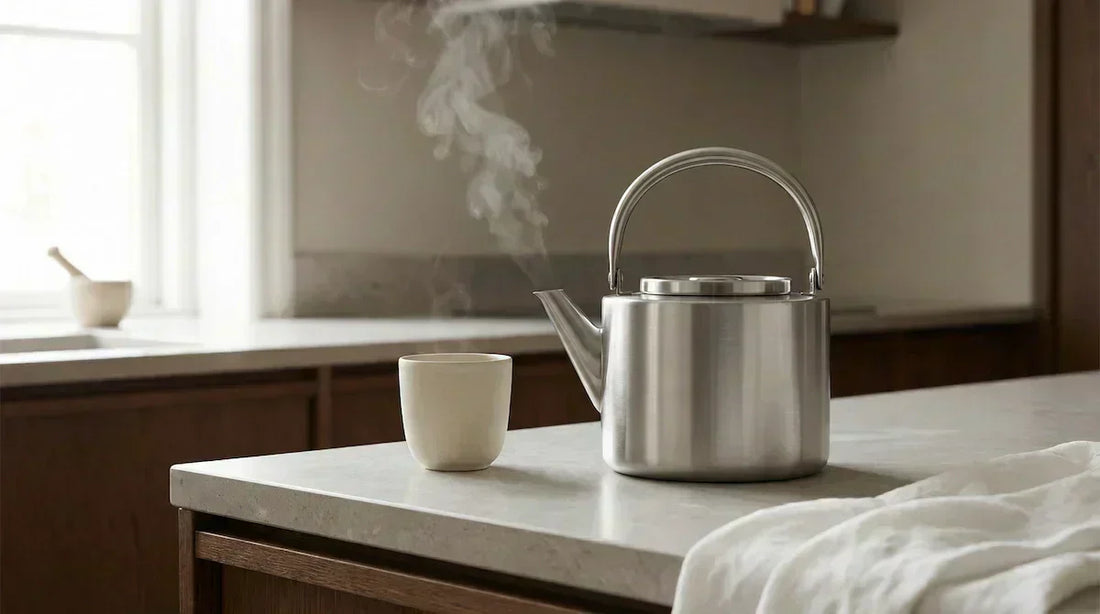 A premium minimal photo of a steaming kettle and a ceramic cup on a clean counter, illustrating how to cool down boiling water for tea.