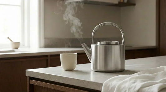 A premium minimal photo of a steaming kettle and a ceramic cup on a clean counter, illustrating how to cool down boiling water for tea.