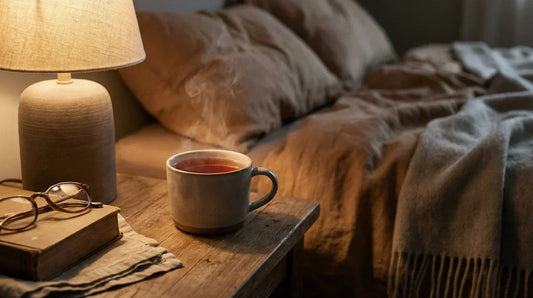 Cozy bedside scene with rooibos tea.