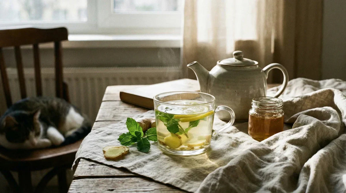 A clear glass cup of herbal tea with lemon, ginger, and mint, styled for a realistic and calming daily reset.