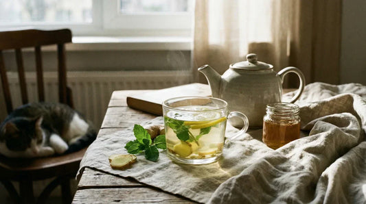 A clear glass cup of herbal tea with lemon, ginger, and mint, styled for a realistic and calming daily reset.