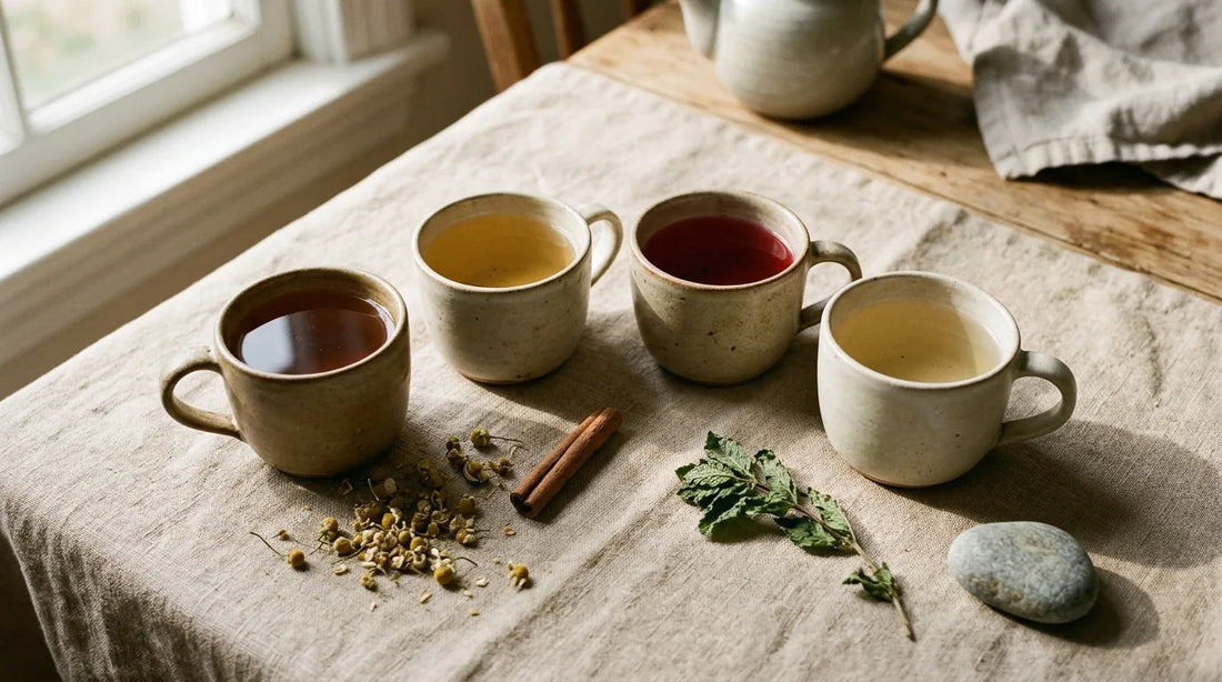 Four ceramic mugs with different teas on a linen cloth representing a morning-to-night daily tea ritual routine