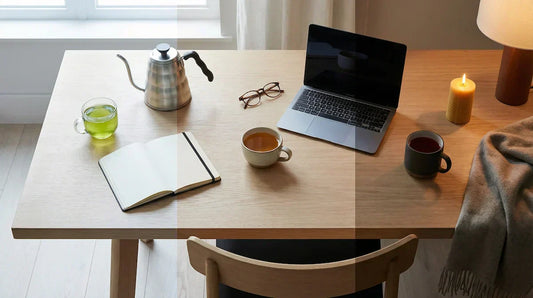 A flat-lay hero image illustrating a daily tea ritual routine, transitioning from morning green tea to afternoon oolong and evening herbal tea settings across a long table.