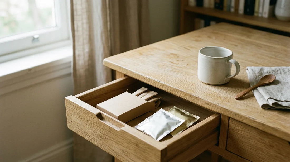 Open desk drawer with compact instant tea sticks and individually wrapped sachets beside a ceramic mug on a light oak surface — desk drawer tea
