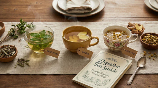 Digestive tea set and guide on table.