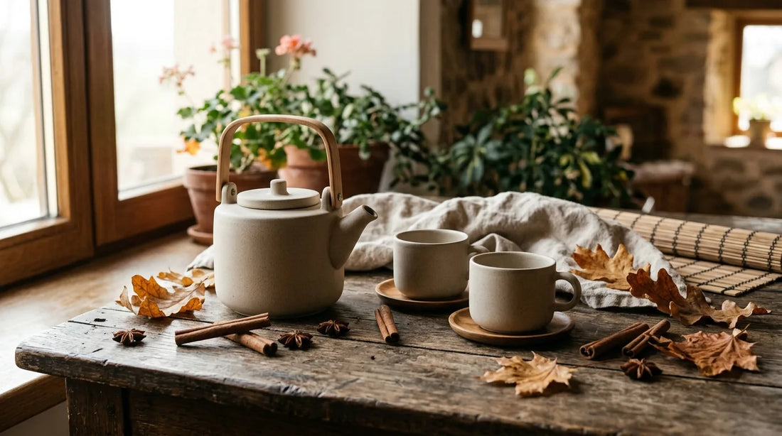 Matte ceramic teapot and two cups on an oak surface surrounded by cinnamon sticks, star anise, and amber autumn leaves in warm natural light