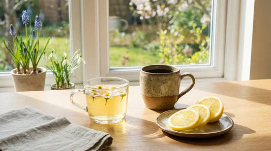 A clear glass of herbal tea and a rustic mug of roasted dandelion tea on a light wood table with fresh lemon slices, bathed in soft early spring morning light.