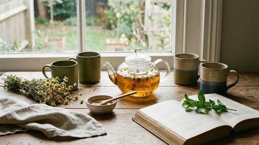 Caffeine-free herbal tea ingredients on a table.