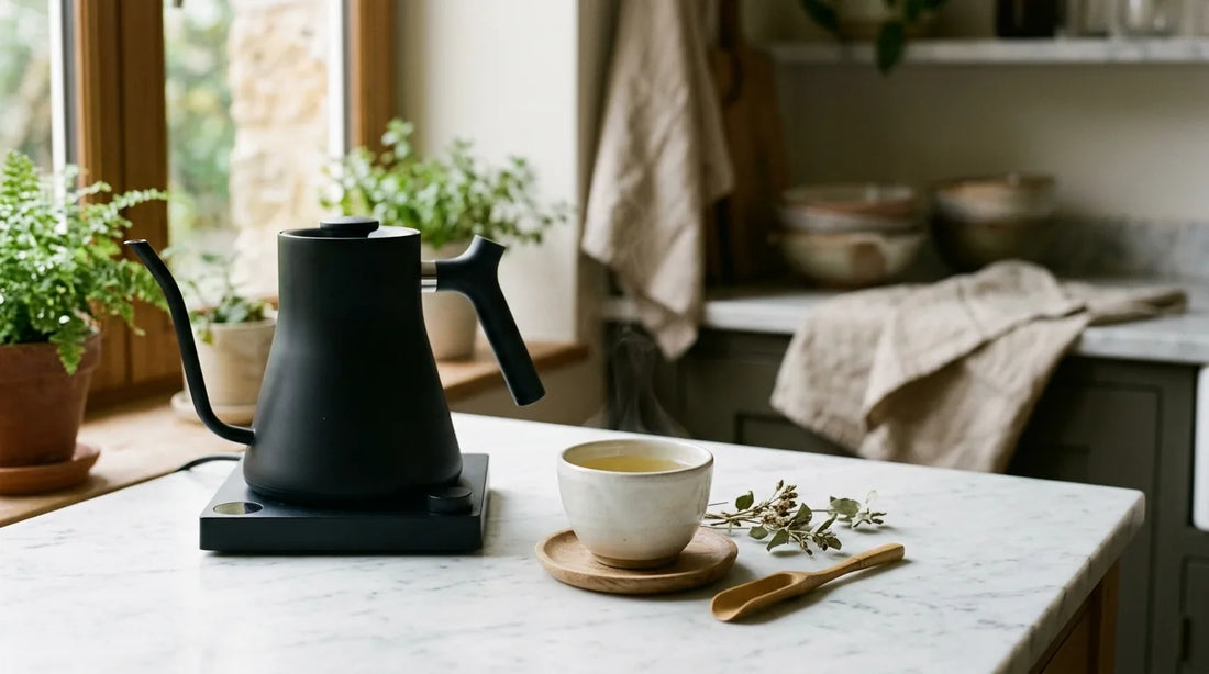 Matte black electric kettle beside a ceramic cup of pale green tea on a marble countertop with gentle steam