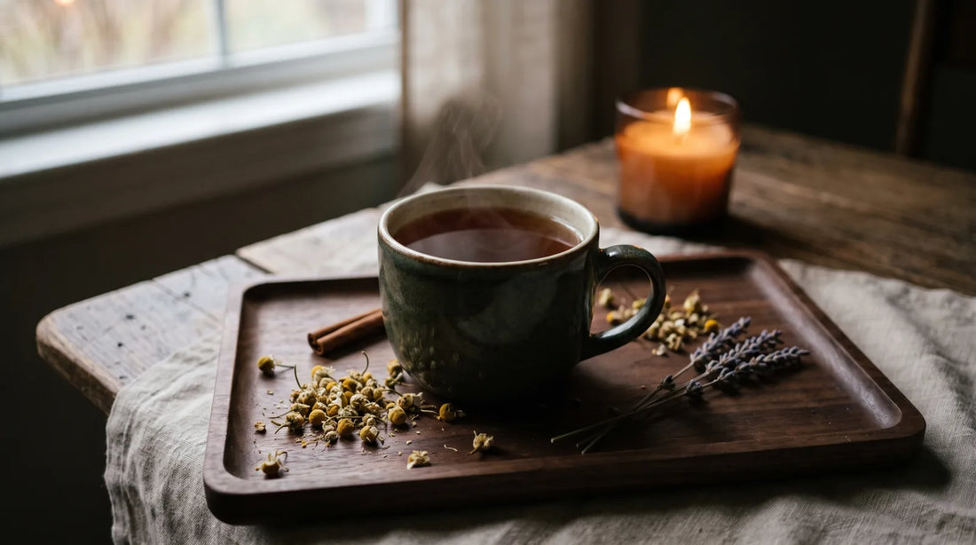 Ceramic mug of amber herbal tea on a walnut tray with dried chamomile flowers and lavender, soft candlelight