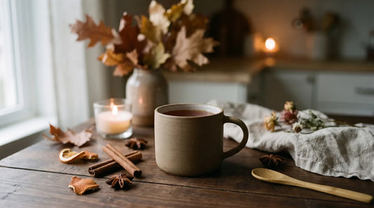 Matte ceramic mug of amber rooibos tea on walnut wood with cinnamon sticks, star anise, and dried orange peel in warm autumn candlelight