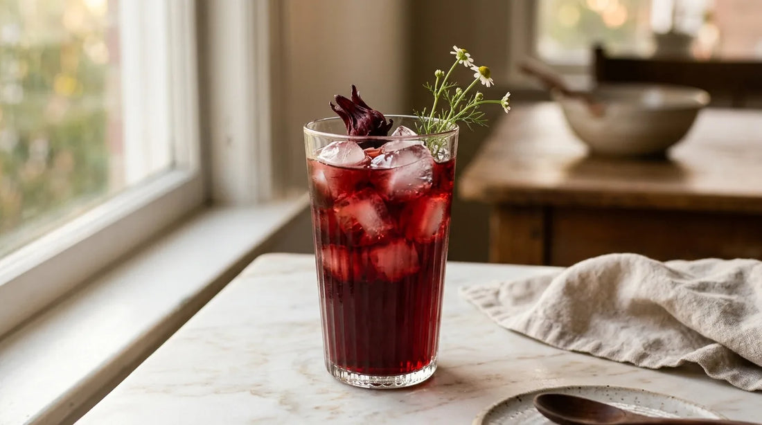 Tall glass of deep ruby evening iced herbal tea with hibiscus and chamomile on a marble surface