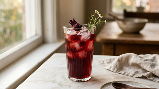 Tall glass of deep ruby evening iced herbal tea with hibiscus and chamomile on a marble surface