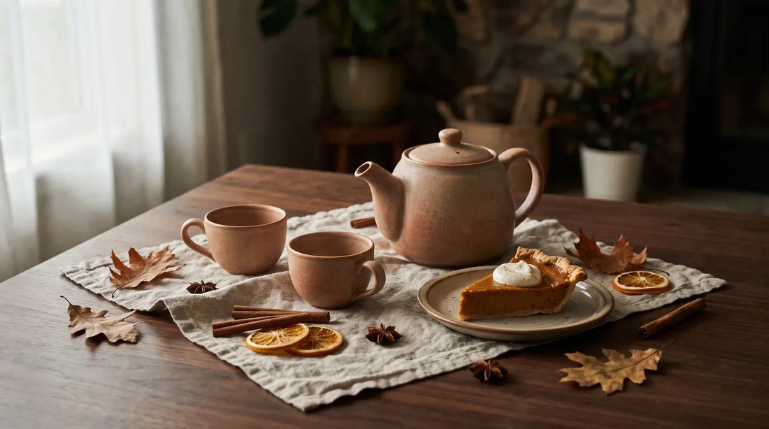 Fall dessert tea pairing spread with ceramic teapot, teacups, pumpkin pie slice, cinnamon sticks, and dried orange slices on a dark walnut table