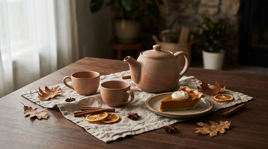 Fall dessert tea pairing spread with ceramic teapot, teacups, pumpkin pie slice, cinnamon sticks, and dried orange slices on a dark walnut table