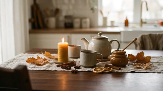 Fall hosting tea spread with ceramic teapot, stoneware cups, cinnamon sticks, star anise, and dried orange slices on a dark walnut table with amber maple leaves