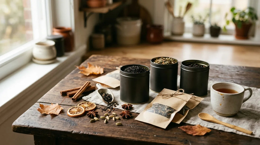 Assortment of unbranded tea tins and kraft sachets on a dark walnut surface with cinnamon sticks, star anise, and cardamom pods for fall