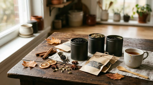 Assortment of unbranded tea tins and kraft sachets on a dark walnut surface with cinnamon sticks, star anise, and cardamom pods for fall