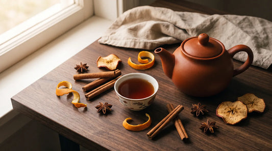 Fall tea spread with terracotta teapot, amber tea, cinnamon sticks, star anise, and dried apple slices on dark walnut wood
