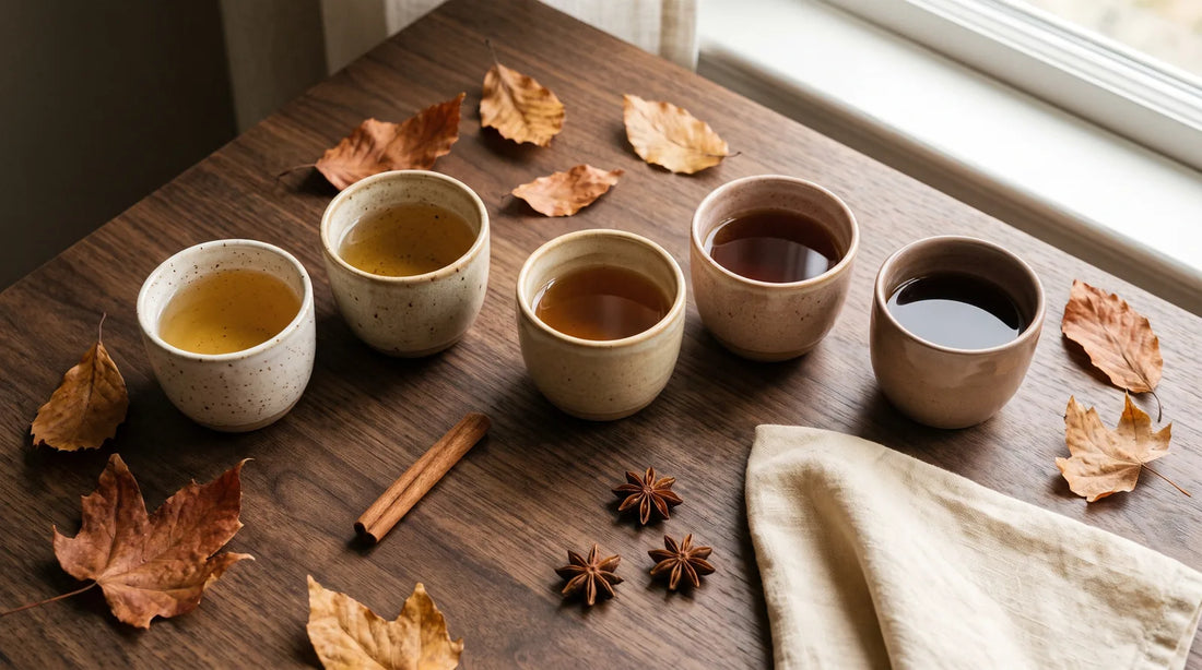 Five small ceramic cups arranged in a progression from pale gold to deep amber on a dark walnut surface surrounded by autumn leaves, cinnamon sticks, and star anise, representing a fall tea flight