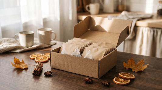 Open kraft gift box filled with pyramid tea sachets surrounded by dried orange slices, cinnamon sticks, and amber maple leaves on a dark walnut surface