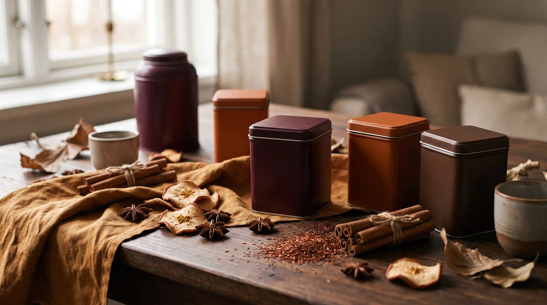 Assortment of autumn tea tins with cinnamon sticks, star anise, dried apple slices, and rooibos on a dark walnut wood surface in fall tones