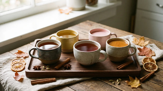 Fall tea routine overview — five ceramic mugs of autumn tea on a walnut tray surrounded by cinnamon sticks, dried orange slices, star anise, and rust-colored autumn leaves