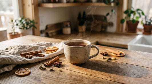 Ceramic mug of amber spiced chai on an oak surface surrounded by cinnamon sticks, star anise, and dried orange slices for a first-day-of-fall tea routine