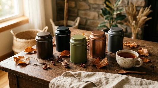 Five sealed tin tea caddies on a walnut surface with scattered autumn leaves and a ceramic cup of amber brewed tea