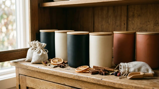 Organized tea shelf with airtight canisters and autumn botanicals including cinnamon sticks and dried orange slices