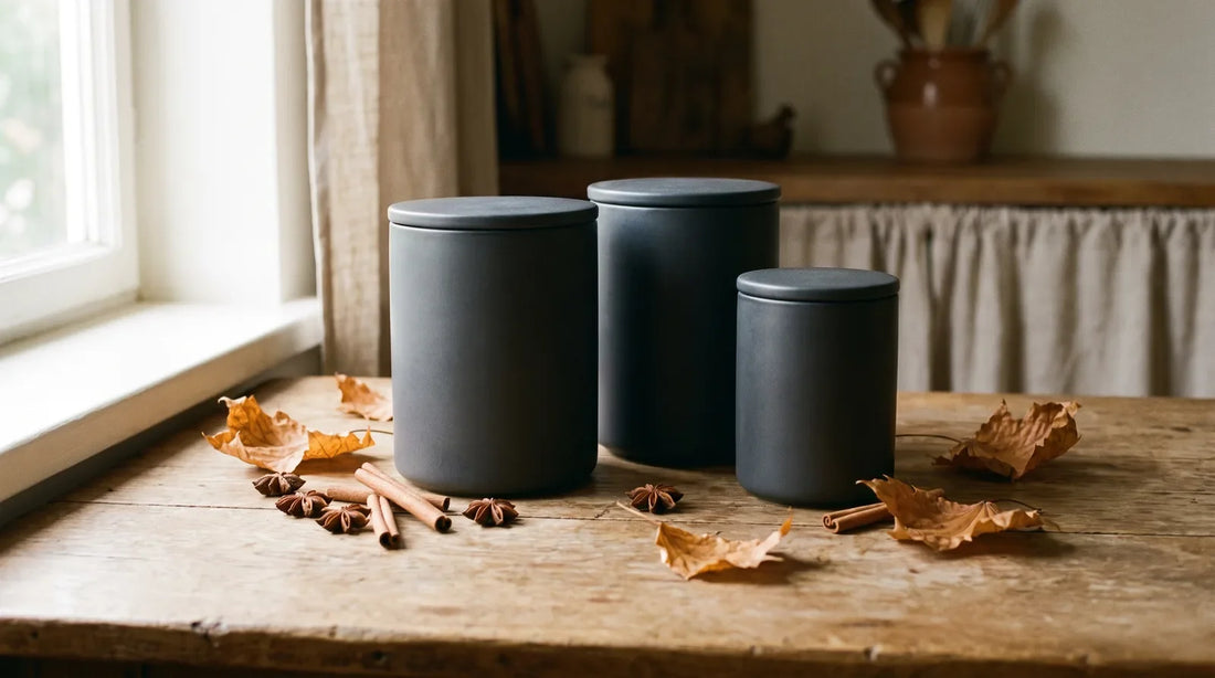 Three matte charcoal airtight tea canisters on a weathered oak surface beside cinnamon sticks, star anise, and dried amber leaves in warm autumn light