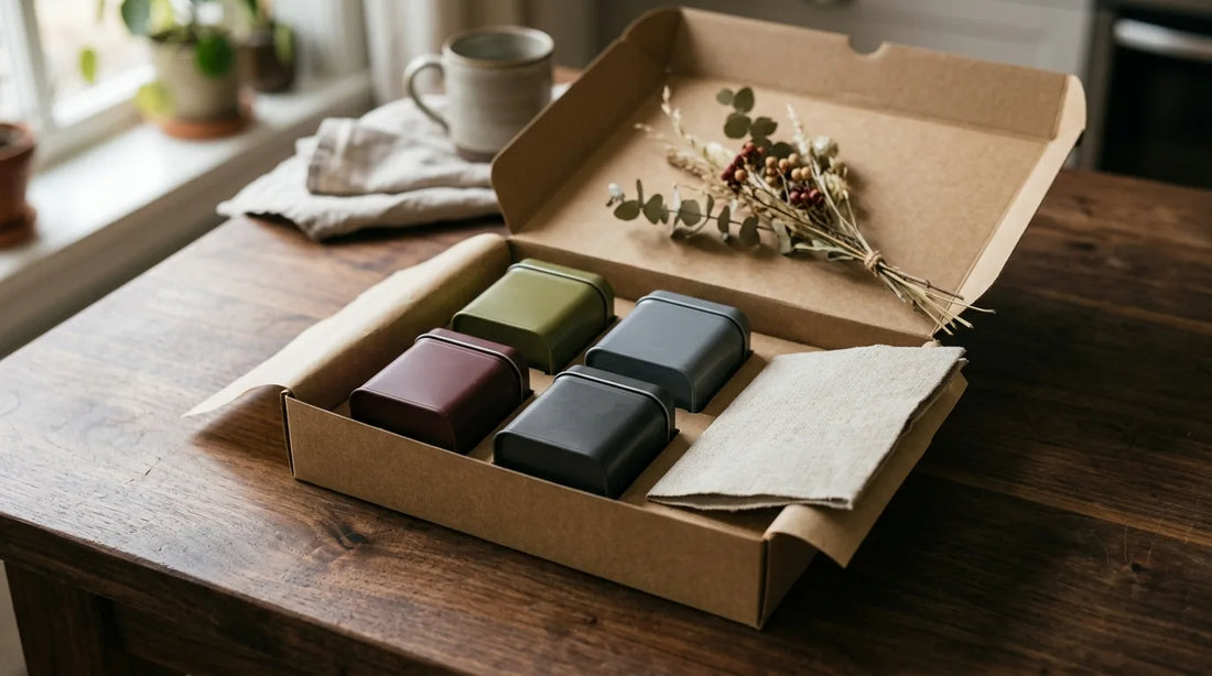 Curated tea gift set in a kraft box with four earth-tone tins on a dark walnut surface — Father's Day tea gift idea