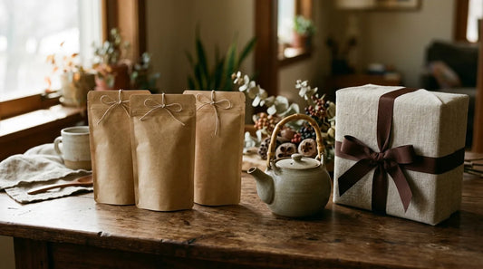 Premium tea gift set with ceramic teapot and kraft pouches on a dark walnut surface for Father's Day